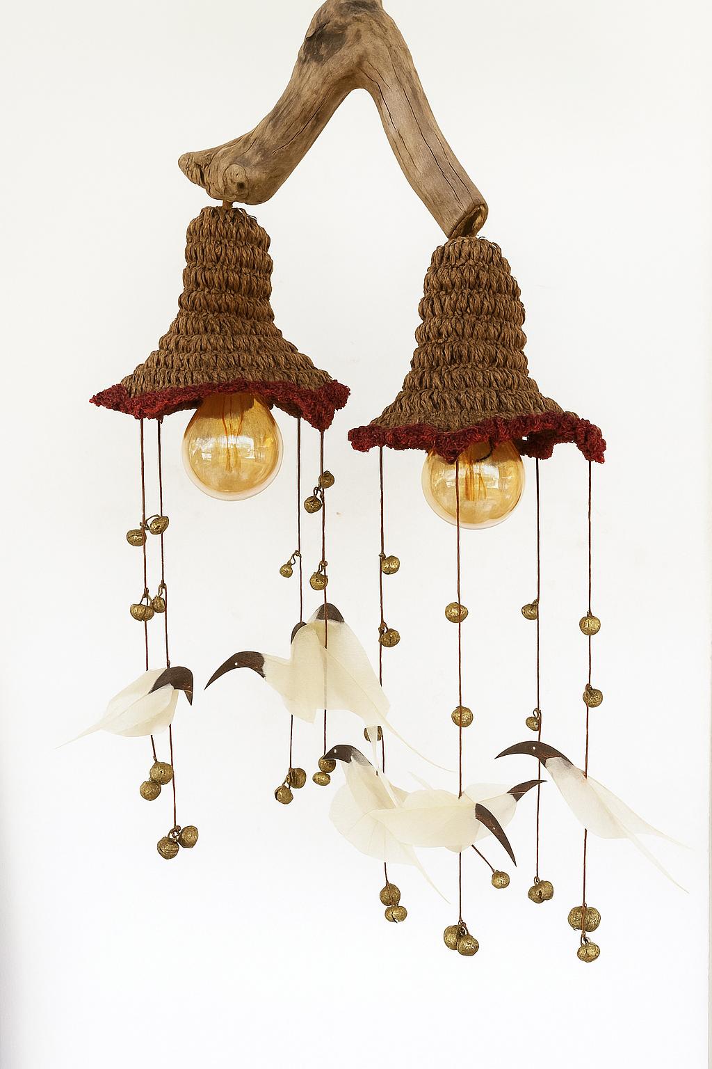 Coffee Wood Pendant Light with Peepal Leaf Birds Chimes