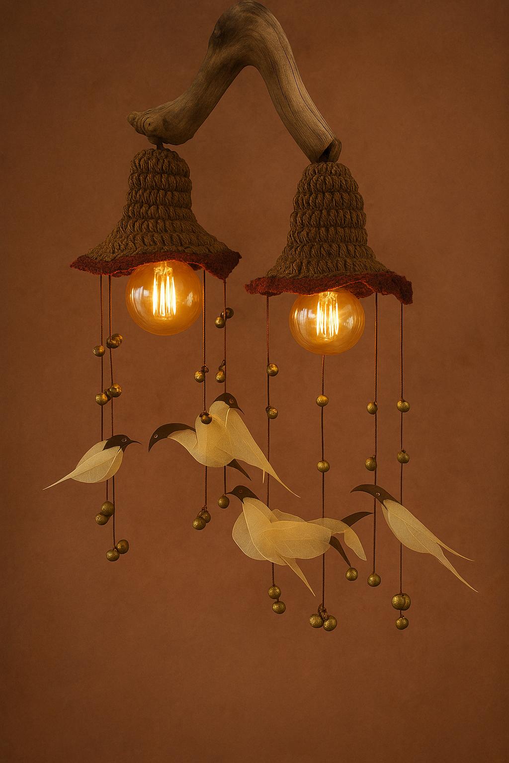 Coffee Wood Pendant Light with Peepal Leaf Birds Chimes