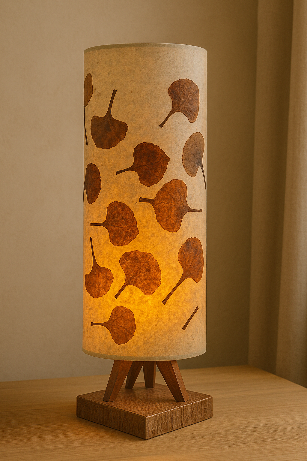Table lamp with leaf patterned shade on a wooden base against a beige wall.