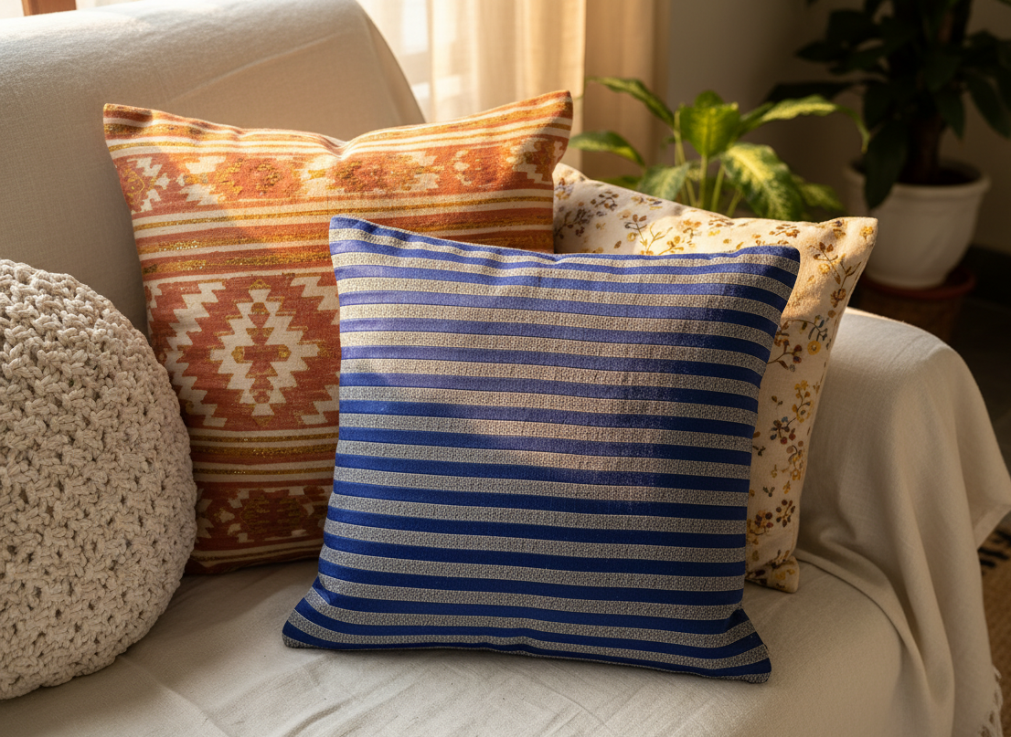 Woven Blue and Grey Striped Cushion Cover