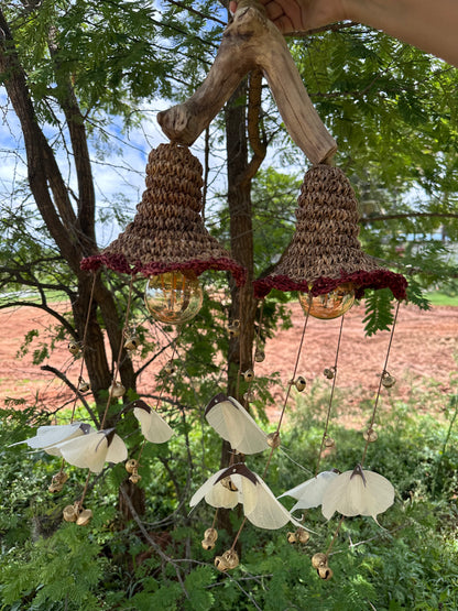 Coffee Wood Pendant Light with Peepal Leaf Birds Chimes