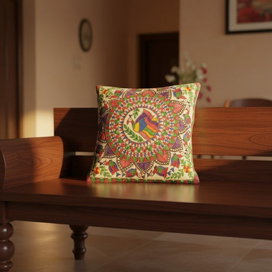 Handwoven Madhubani Peacock Cushion Cover