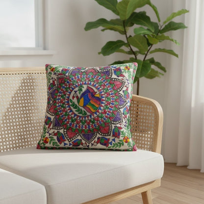 Handwoven Madhubani Peacock Cushion Cover