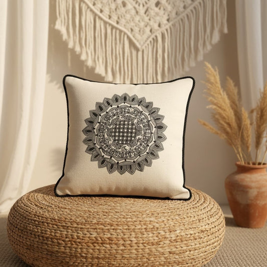 Black and White Madhubani Mandala Cushion Cover