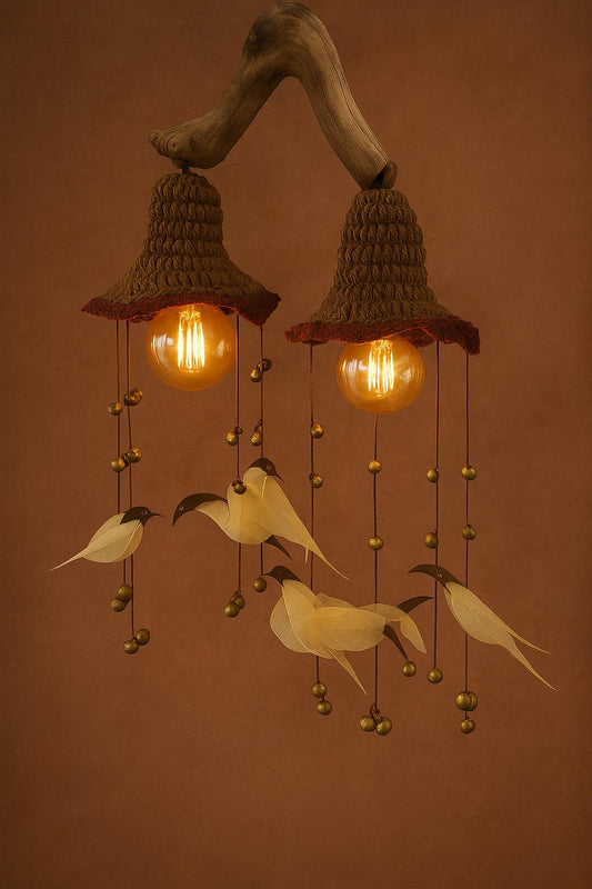 Coffee Wood Pendant Light with Peepal Leaf Birds Chimes